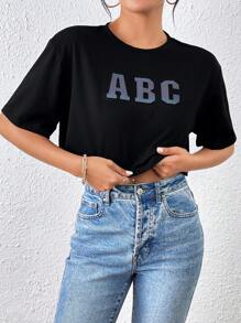 SHEIN Unity 女士時尚短袖T恤，印有ABC字母印花 - 黑色 - 查看 5