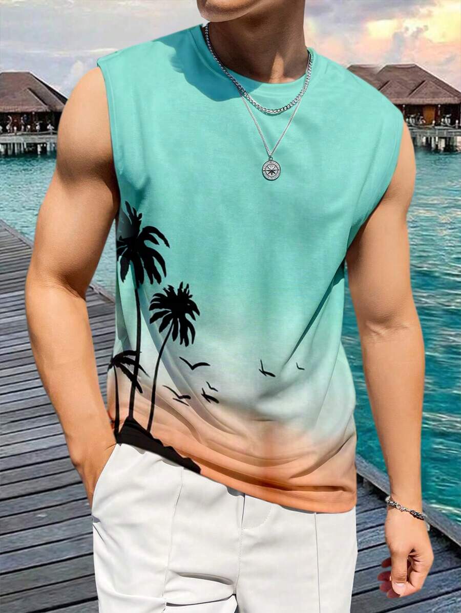 Manfinity Chillmode 男士休閒無袖圓領度假風格背心，藍綠色熱帶圖案沙灘上衣 - 綠色 - 查看 1