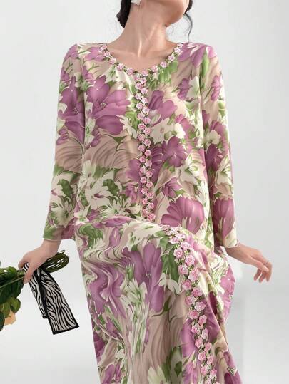 Yasmyna Ladies Floral Print Embroidered Patchwork Long Flared Sleeve Long Modest Dress For Spring And Summer, Full Length Jalabiya, Casual Long Sleeve Maxi Modest Dress