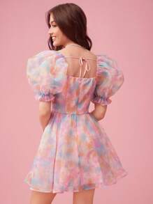 SHEIN X JIMENA & MATEO Enchnt Abito con scollo a cuore e maniche a bolla multicolor tie-dye