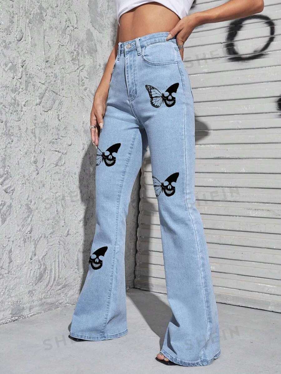 SHEIN Essnce Women Butterfly Print Washed Denim Flare Jeans, Versatile