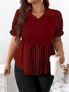 Calvaya 大尺碼女性夏季條紋拼接襯衫領短袖休閒上衣 - 酒紅色 - 查看 3