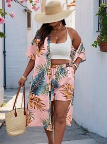 SHEIN Clasi Plus Size Boho Random Leaf Print Loose Front Opening Vacation Shirt And Shorts Set Short Sets Summer
