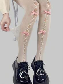 ROMWE Kawaii 1對粉色蝴蝶結露出空心魚網襪 - 白色 - 查看 2