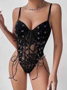 Allurite Women Perspective Lace-Up Fashionable Party Bodysuit - Black - View 5