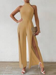 Calvaya Women Summer Solid Color Halter Neck High Waist Split Jumpsuit