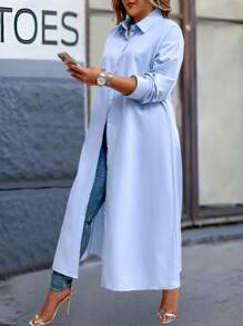 SHEIN LUNE Plus Size Women's Solid Color Long Shirt Dress Winter Fall Autumn - Baby Blue - View 4