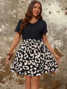 SHEIN LUNE Vestido corto con mangas cortas y corte evasé con estampado de leopardo en negro para mujer de talla grande, para primavera/verano - Multicolor - Ver 3