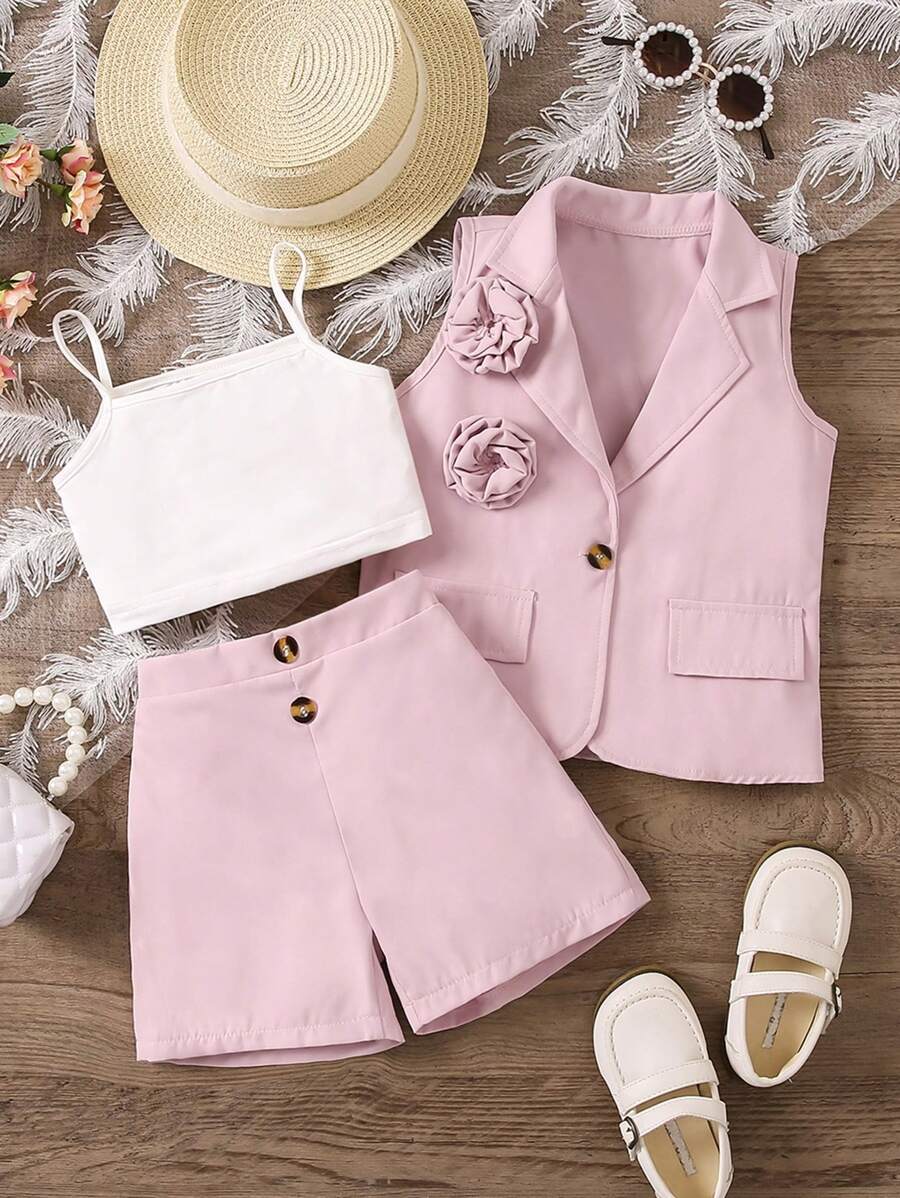 SHEIN Conjunto Jovem Menina 3 peças Design de Flores 3D, Roupa Para ...