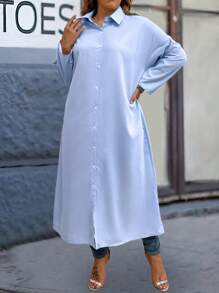 SHEIN LUNE Plus Size Women's Solid Color Long Shirt Dress Winter Fall Autumn - Baby Blue - View 5