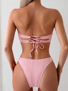 SHEIN Swim Women Solid Textured Ruffle Trim Backless Bandage Bikini Set Summer