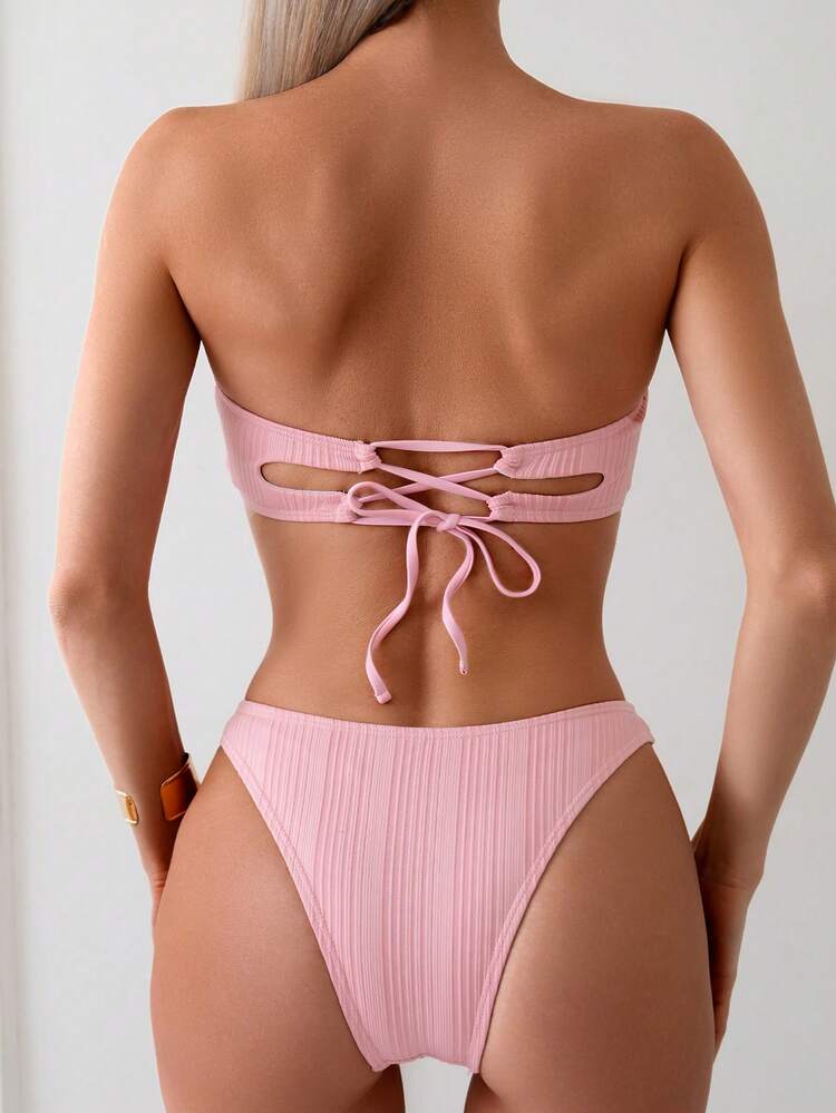 Women Solid Textured Ruffle Trim Backless Bandage Bikini Set Summer
