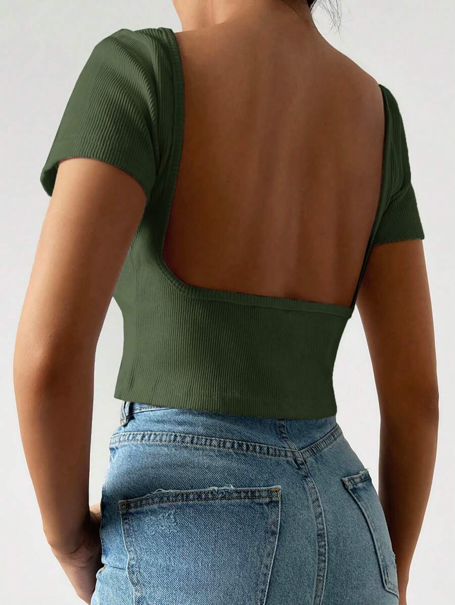RueChic Áo thun crop top hở lưng màu trơn cho mùa hè - Màu xanh lá cây đậm - Xem 1