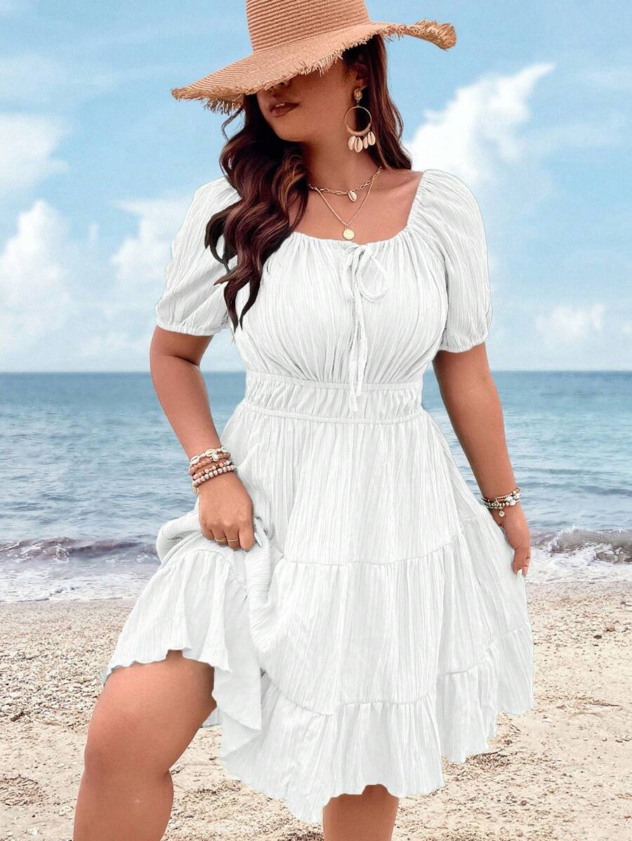 SHEIN Clasi Plus Size Summer Vacation Pleated Dress - White - View 1