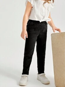 SHEIN Young Girls' Solid Color Elastic Waist Jeans - Grey - View 6