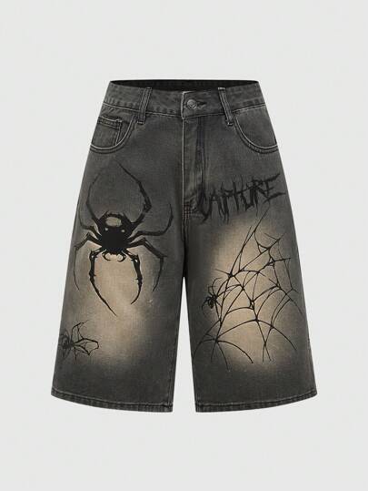 Goth Short de mezclilla casual con estampado de letra de araña desgastado para dama, primavera y verano, escuela