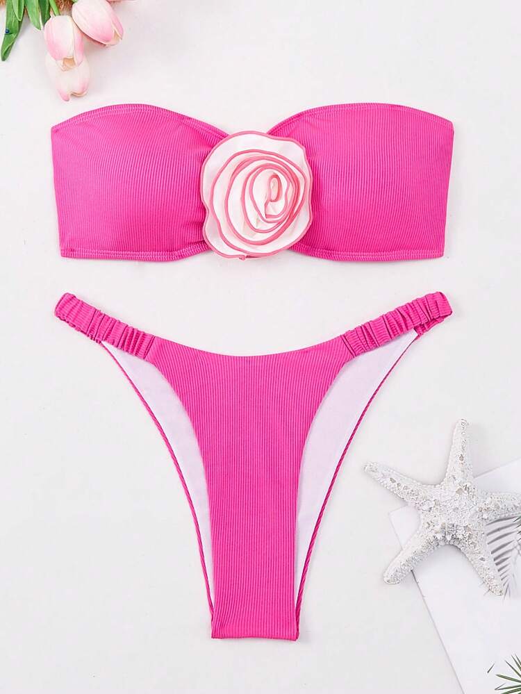Women Holiday 3D Flower Decor Strapless Bikini Set Summer