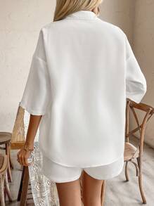 Breezaya Conjunto de dos piezas para verano con camisa de manga corta suelta casual y shorts plisados - Blanco - Ver 2