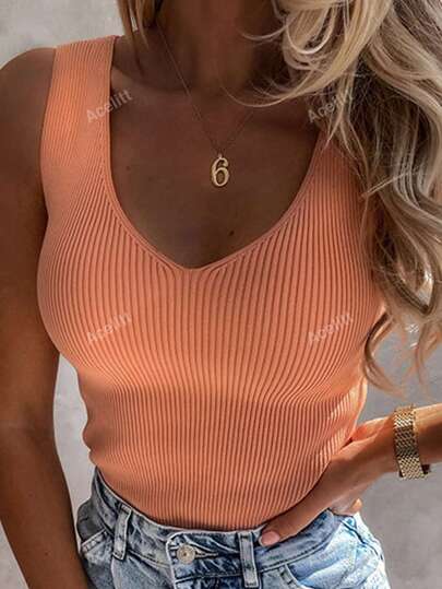 Acelitt Summer Women's Solid Color Daily Leisure Vacation Sleeveless V-Neck Wool Vest Fashionable Backless Knitted Top