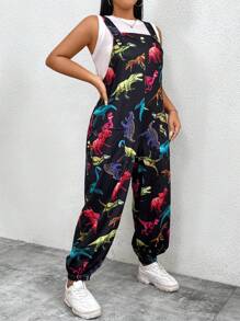 SHEIN MOOSTA Cộng với bộ áo liền quần có túi kép in hình khủng long mùa hè - Nhiều màu - Xem 5