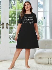 SHEIN LUNE Đầm ngắn tay cổ tròn in chữ cỡ lớn - màu đen - Xem 1