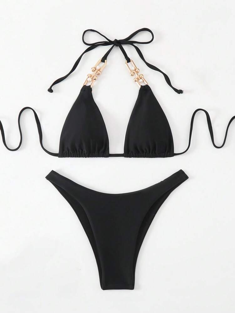 Women Solid Color Halter Neck Bikini Set With Separated Bikini Set And Micro Triangle Cut Summer Beach