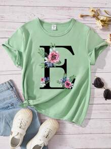 SHEIN Tween Girl Summer Casual Floral And Letter Print Round Neck Short Sleeve T-Shirt - Green - View 1