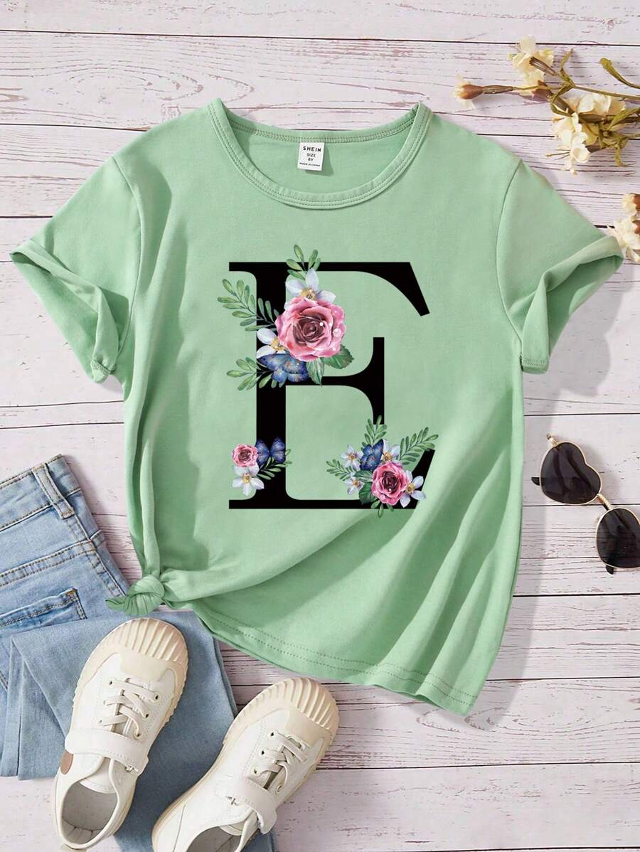 SHEIN Tween Girl Summer Casual Floral And Letter Print Round Neck Short Sleeve T-Shirt - Green - View 1