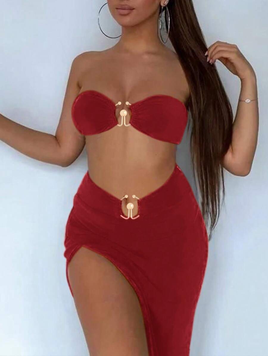 Slaydiva Áo ống tròn quây và váy xẻ cao vòng tròn - Đỏ - Xem 1