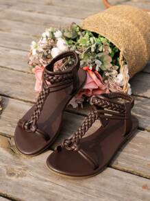 2024 New Summer Women  Deep Brown Woven Braided Strappy Beach Flat Sandals