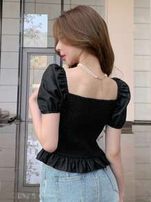 DAZY Chemise décontractée pour femmes avec manches bouffantes, encolure en forme de cœur, fronces sur la poitrine et ourlet à volants. Hauts mignons - Noir - Voir 3