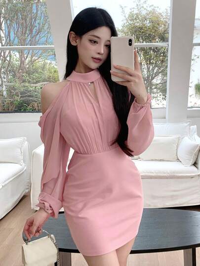 DAZY 女士纯色露肩立领紧身长袖夏装秋装