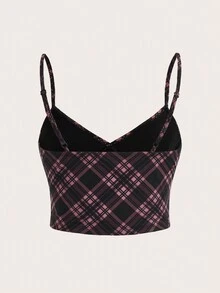 Muchica 黑色與粉色的方格紗眼蕾絲綁帶背心，適合夏季 - 粉色 - 查看 2