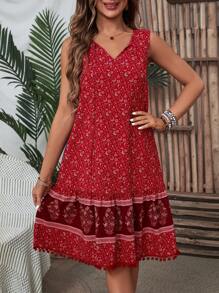 EMERY ROSE Vestido sin mangas con impresión navideña, empalme y borlas en el dobladillo - Multicolor - Ver 5