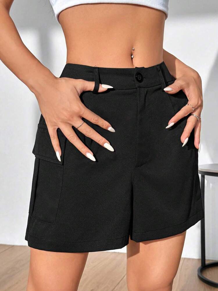 Solid Color Workwear Style Shorts With Pockets For Casual Wear