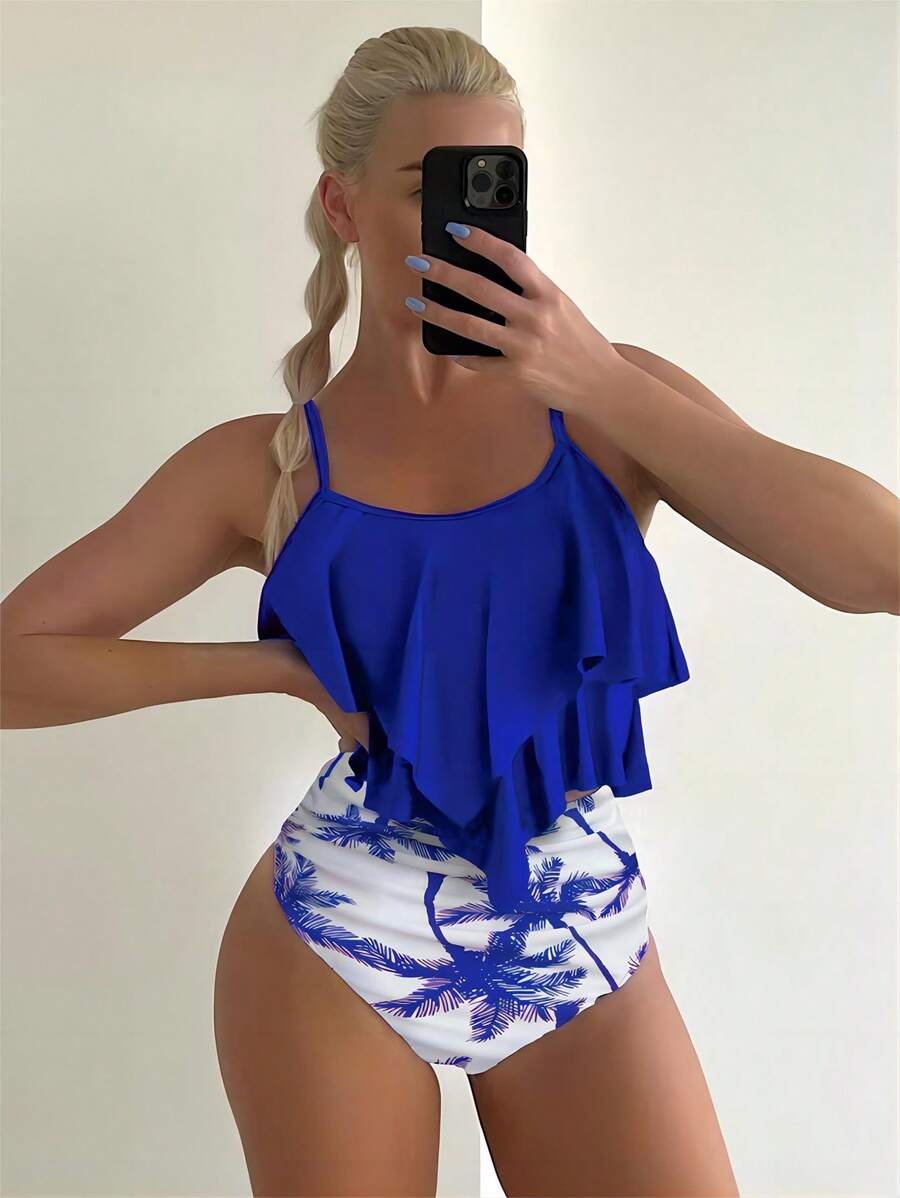 SHEIN Swim Summer Beach Women Vacation Wireless Ruffle Trimmed Cami Top And Palm Tree Print High Waist Triangle Bottom Tankini Set - Royal Blue - View 1