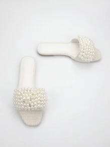 女士优雅风格手工仿珍珠装饰米色时尚舒适日常度假平底穆勒凉鞋情人节、海滩装扮、夏季装扮 - 米色 - 查看 3