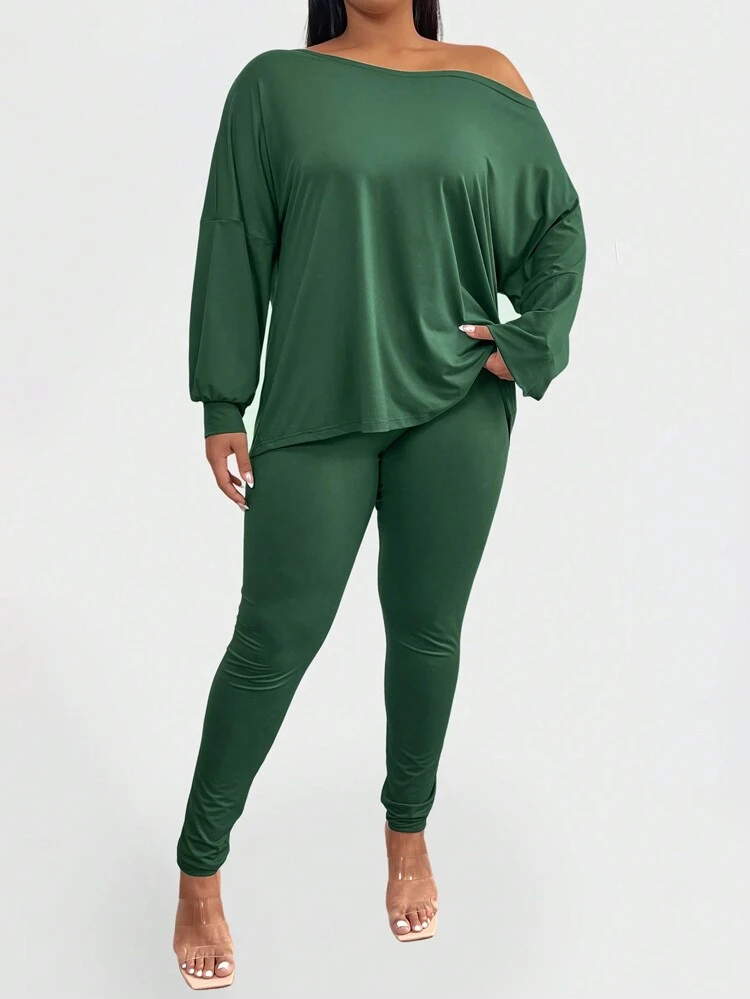 Plus Size Casual Solid Color Off Shoulder Loose Top And Pants Two Pieces Set