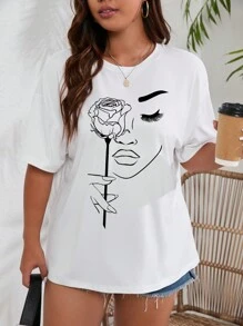 INAWLY Camiseta casual de manga corta con estampado de rostro abstracto y flor de cuello redondo para verano, camiseta gráfica tallas grandes para mujer