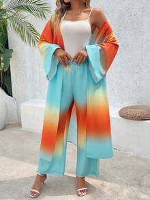 SHEIN VCAY 女士渐变度假长喇叭袖外套和长裤两件套 - 彩色 - 查看 6