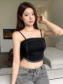 Dazy Designer Women's Summer Fashionable Cropped Camisole With Mesh Decorations - Black - View 3