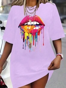 Calvaya Fashionable Plus Size Women Colorful Lip Printed Short Sleeve T-Shirt - Purple - View 1