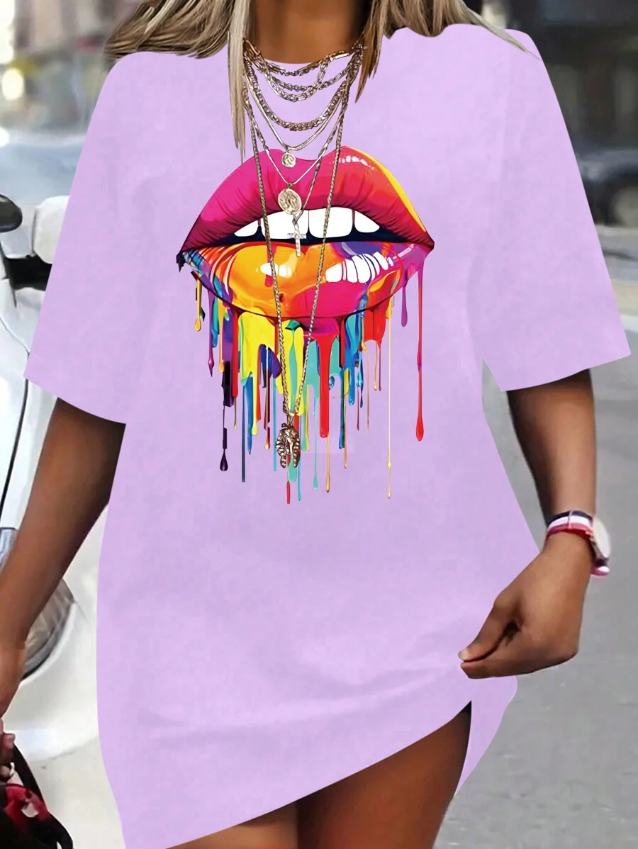 Calvaya Fashionable Plus Size Women Colorful Lip Printed Short Sleeve T-Shirt - Purple - View 1