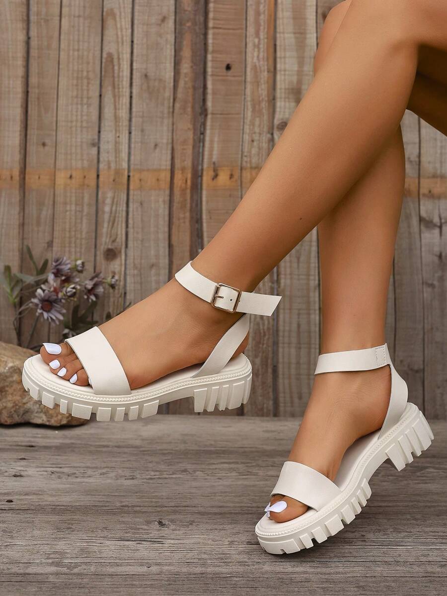 Neutral Color Women's Buckle Wedge Sandals, Chic Black Solid Ankle Strap Platform Sandals, Essential For Summer