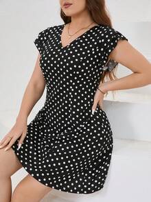 SHEIN Essnce 女性加大尺碼黑白波點雙層短袖揮舞著裙擺的腰帶時尚日常通勤週末連衣裙 - 黑與白 - 查看 5