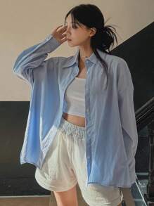 DAZY Women Spring Loose Shoulder Long Sleeve Casual Shirt Solid Color - Blue - View 2