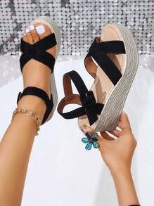 Dép quai ngang mắt cá chân có khóa đeo chéo mùa hè mới dành cho nữ, thời trang, thanh lịch, giản dị, thoải mái, lý tưởng cho du lịch, kỳ nghỉ, đế nêm và đế đế - màu đen - Xem 5
