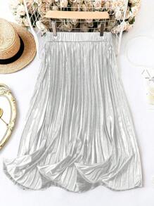 Calvaya 大尺碼女用金屬色百褶裙 - 銀色 - 查看 2
