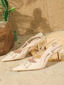 On feet& in love 女款時尚優雅細高跟slingback後跟鞋，金屬扣尖頭低鞋口，通勤百搭高跟單鞋，適合禮服、婚禮搭配 - 杏色 - 查看 6
