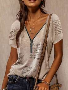 Zayélia Summer Casual Half Zip Short Sleeve Tee With Letter Print And Asymmetrical Floral Cut - Apricot - View 3